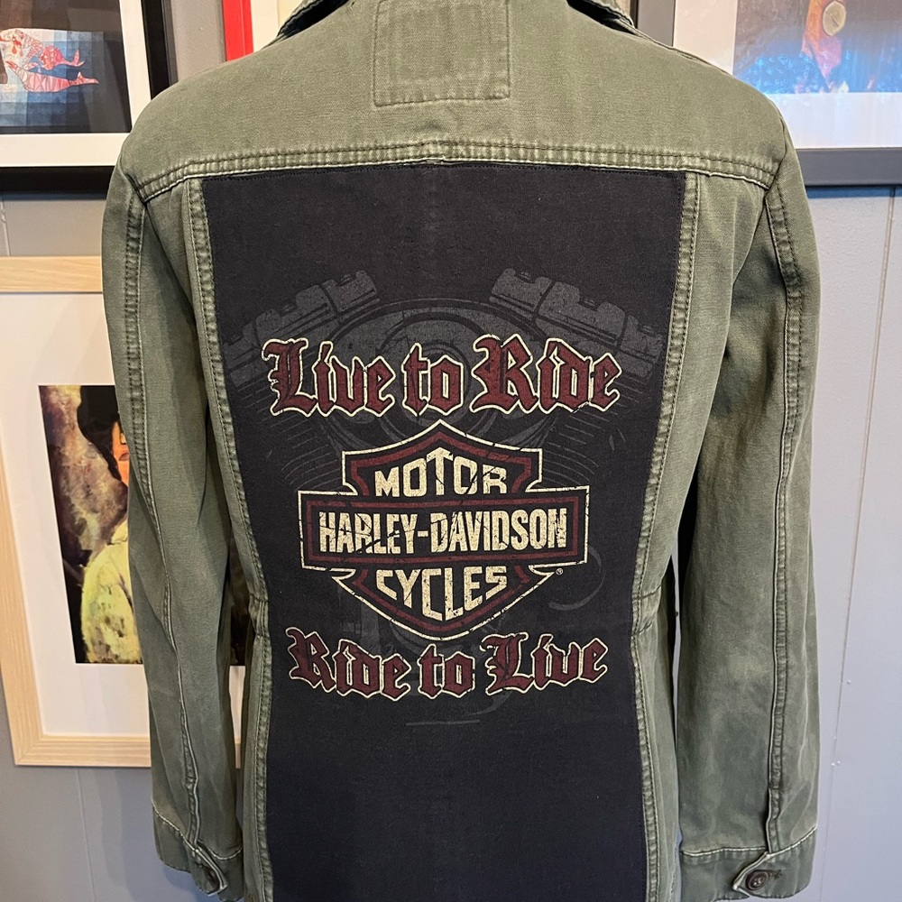 Up-Cycled Harley-Davidson Women’s Jacket with Black and Maroon Graphics Medium